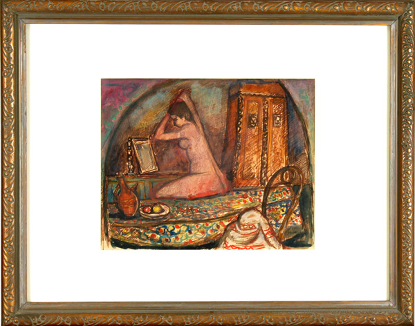 Avraham Naton (Natanson) Gouache Painting - A Woman in front of a Mirror - אברהם נתון נתנזון - ציור גואש ורישום - אישה לפני הראי - Click to Zoom