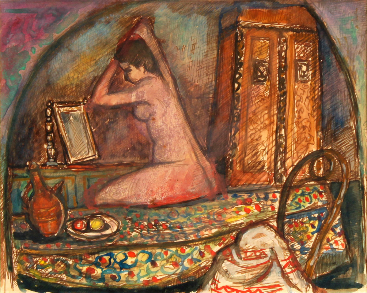Avraham Naton Gouache - Nude in front of a Mirror - אברהם נתון נתנזון - ציור גואש  - עירום - אישה לפני הראי - Back To List of Israeli Paintings